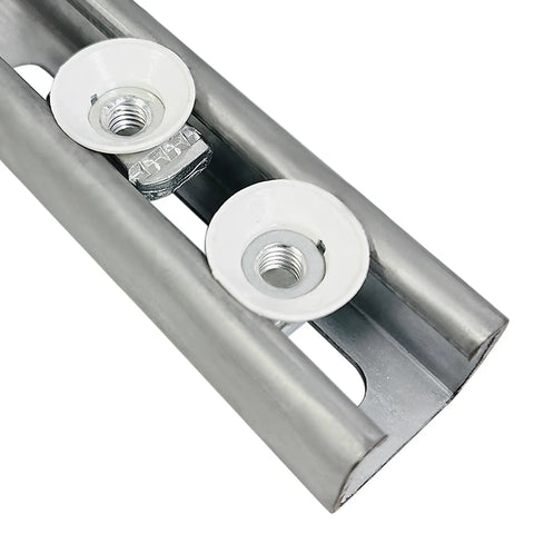 20 Pack Heavy Duty 3/8-16 Strut Channel Cone Nuts with Twirl Fasteners installed in Unistrut channel, showing silver finish and thread.