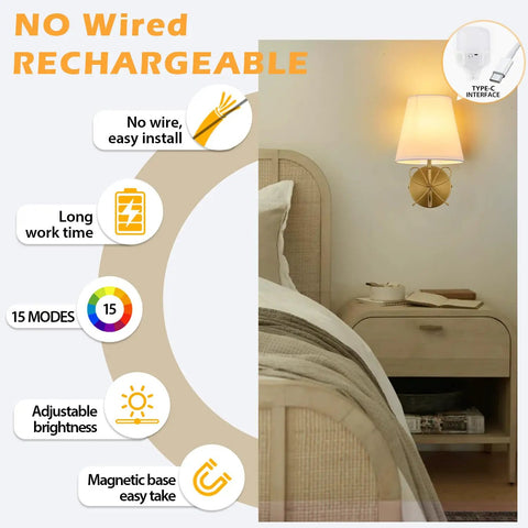 Zero Drilling Hassles Hit Different Vibe Bow Wireless Wall Sconces set of 2 shown above headboard, gold material, soft light, no wiring.