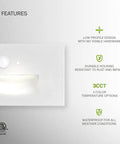 Recessed Outdoor Step Light Fixture With 3CCT Dusk To Dawn, Motion Sensor, Photocell, Waterproof ETL Listed, Low Watt 3W 120LM, feature view.