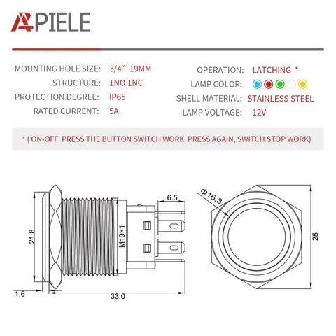 19mm Latching Push Button Switch With Angel Eye LED Halo Ring 12V DC Blue 1NO1NC SPDT Metal Body technical diagram