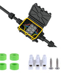 Open Outdoor Waterproof Junction Box For 5-12mm Cables with screws, connectors, and seals, ideal for outdoor wiring.
