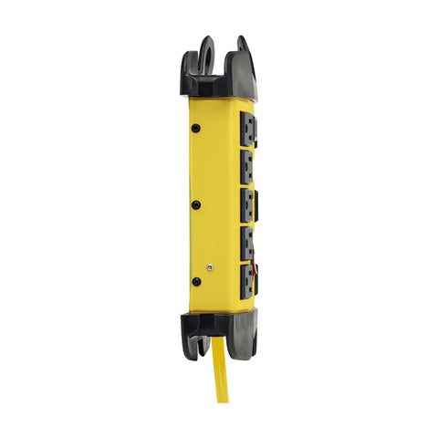 Side view of Heavy Duty Power Strip With Surge Protection 8 Outlets 3900 Joules Yellow Metal Housing 25 Foot Cord shown vertically