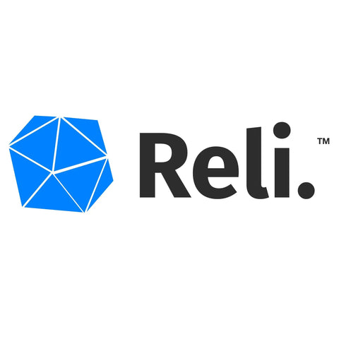 Blue geometric logo with text "Reli." featuring a polyhedral shape