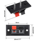 Pro Grade Spring Loaded Speaker Terminal Blocks Featuring Slick Push Release Connectors For No Sweat Custom Audio Wire Hookups And Rock Solid Dual Pin Jack Wiring, showing dimensions and connection points.