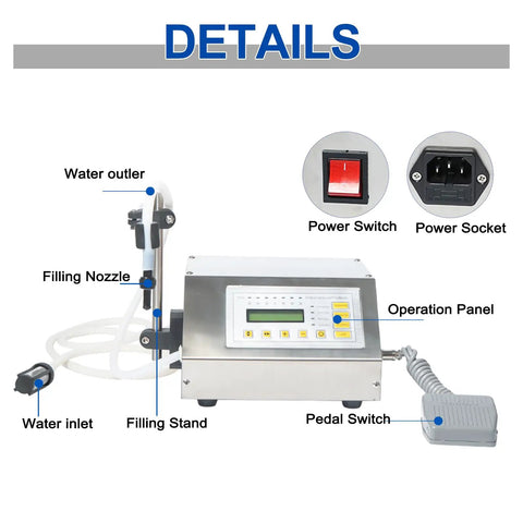 Commercial Grade Digital Liquid Filling Machine And Precision Bottle Pump With Sharp Digital Readout For Beverages And Water 5Ml To 3500Ml Range features operational details including filling nozzle and electrical components.