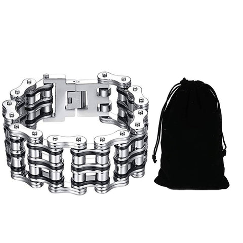 Men's 316L Stainless Steel Chain Bracelet In Silver Black Finish For Gearheads And Riders, Durable Jewelry with pouch