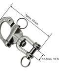 Top Shelf 128mm 316 Stainless Steel Safety Clevis Pin Swivel Snap Shackle with dimensions 70mm, 87mm for heavy rigging jobs.