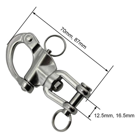 Top Shelf 128mm 316 Stainless Steel Safety Clevis Pin Swivel Snap Shackle with dimensions 70mm, 87mm for heavy rigging jobs.
