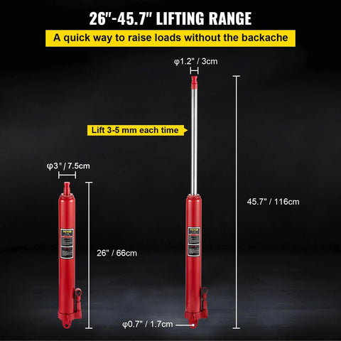 Front view of red VEVOR hydraulic long ram jack with 8-ton capacity and clevis base.