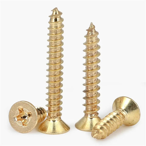 Boss Grade Pro Brass Countersunk Flat Head Phillips Self-Tapping Wood Screws M5x16, 10 Pack, Dual-End Locking Threads
