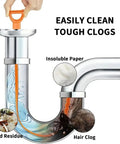 Flexible Drain Snake And Clog Remover 3 Pack in action, removing hair and food residue from sink pipes.