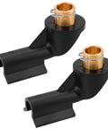 Pair of black ATV gear shifter rod linkage bushings with brass inner bushings and clamps, angled front view.