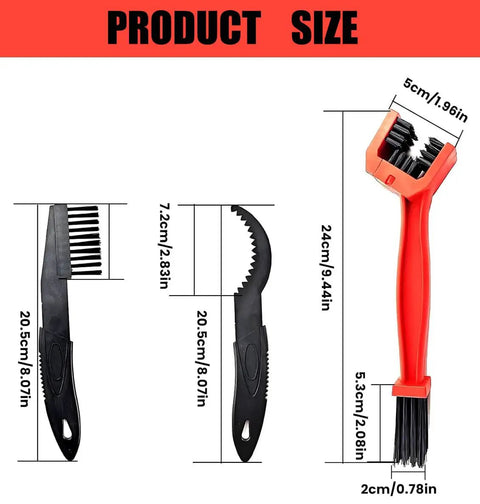 Five Piece Bike And Motorcycle Chain Cleaning Kit With Sprocket Scraper Sprocket Brush And Three Chain Cleaning Brushes sizes shown