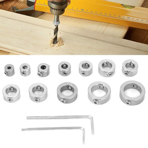 Stainless Steel Drill Depth Stop Collar Set For High Carbon Steel Drills, 12 Piece Lightweight Limit Rings With Screw On Collars