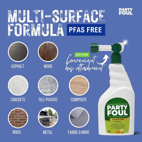 Plant Based Outdoor Cleaner Spray For Decks And Patios That Tackles BBQ Spills And Grime On Wood Tiles Granite Metal Glass And More Eco Friendly Vegan Formula 32 Oz with multi-surface formula and hose attachment shown.