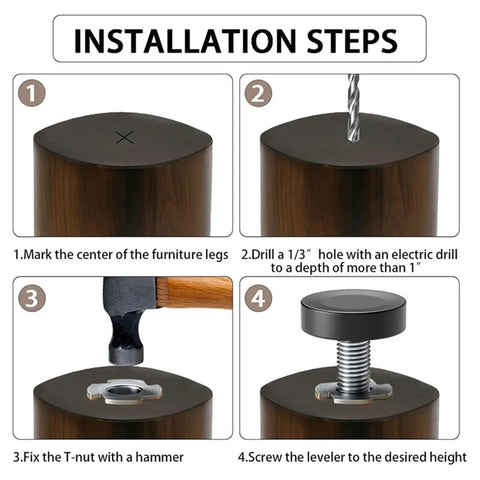 32 Piece Leveling Feet Set For Furniture With One Quarter Inch Thread T Nuts Adjustable Screws Rotatable Design Wide Bearing Base To Prevent Scratches And Slippage On Wood Tables Chairs And Cabinets installation steps