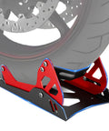 Heavy-Duty Steel Motorcycle Wheel Chock For Trailer Mount Built Tough, Anti-Rust Black And Red Finish, front view