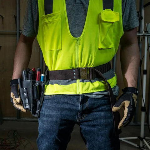 Person wearing 2 Inch Wide Electrician Tool Belt, Adjustable Up To 48 Inch Waist, Beefy Nylon Webbing With Quick Release Metal Buckle