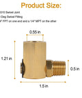 90 Degree Brass Air Swivel Fitting For Air Hose Reels, 1 Quarter FPT To 1 Quarter MPT Connector, Beefy 5000 PSI Sprung Swivel Joint For Heavy Duty Lines And Hoses, shown with dimensions