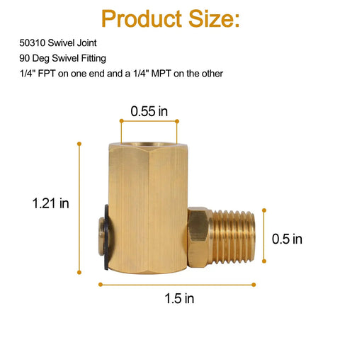 90 Degree Brass Air Swivel Fitting For Air Hose Reels, 1 Quarter FPT To 1 Quarter MPT Connector, Beefy 5000 PSI Sprung Swivel Joint For Heavy Duty Lines And Hoses, shown with dimensions