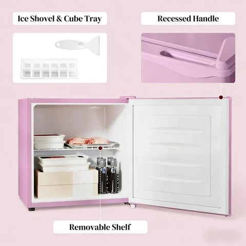 Inside view of Slick Compact Upright Freezer Featuring Adjustable Temperature Settings Removable Shelf Reversible Door For Tight Kitchens Hella Tough Steel Frame With Fun Ice Cube Making Gear For Busy Households showing ice shovel, cube tray, and removable shelf.