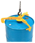 Heavy Duty Drum Lifter Clamp For Efficient Barrel Handling With 1000 Lb Capacity, yellow clamp gripping a blue 55-gallon barrel.