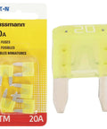 Premium 20 Amp Yellow Atm Fast Acting Blade Mini Fuse Pack Of Five in packaging, ideal for boats, cars, and trucks.