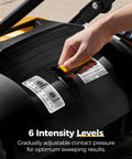 Adjustment dial for 6 intensity levels on Kick Serious Dust With This Heavy Duty Manual Floor Sweeper Designed For Warehouses And Shops Featuring A 41 Inch Wide Commercial Push Broom That Runs Whisper Quiet And Cuts Through Grit Fast.
