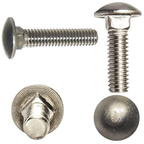 Top Shelf 1/4 X 3 Inch Carriage Bolts Round Head Square Neck Stainless Steel 18 8 full thread fasteners in multiple angles.