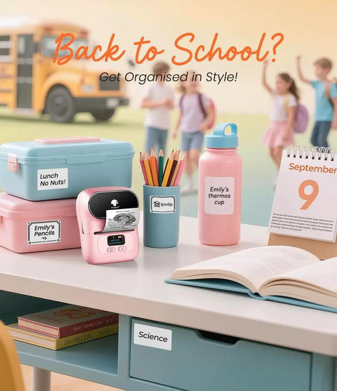 Super Duper Cool M110 Wireless Bluetooth Label Printer, Go To Baby Pink Portable Address Label Maker, in use on a school desk