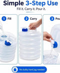 Collapsible Water Container With Spigot For Camping And Hiking, Accordion Foldable Water Storage Jug With Handle in 3-step use