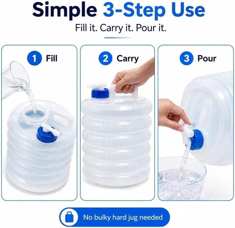 Collapsible Water Container With Spigot For Camping And Hiking, Accordion Foldable Water Storage Jug With Handle in 3-step use