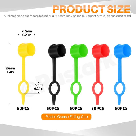 250Pcs Five Color Pro Grade Grease Fitting Cap Kit For Auto Cars And Motorcycles Zerk Fitting Covers shown in five colors with size details