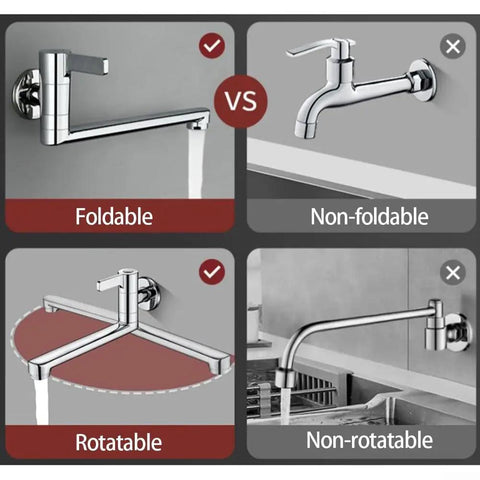 Comparison image of foldable vs non-foldable, and rotatable vs non-rotatable faucets for Shophubio Wall Mounted Kitchen Faucet