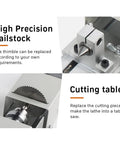 Close-up of high precision tailstock and cutting table of 6 in 1 Mini Lathe for DIY Wood and Stone Carving Bead Grinding Drilling and Engraving.