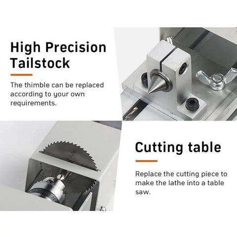 Quantbu Mini Metal Lathe 6-in-1 Wood Carving Machine 24V High Precision CNC Engraver with detailed tailstock and cutting table.