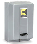 Heavy Duty Three Pole Motor Starter Featuring 50 Amp Capacity With 240 Volt Coil In Rugged Nema1 Enclosure, gray control box with reset switch.