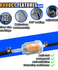 Diagram showing features of Heavy Duty Stainless Steel Fuel Injection Hose Clamps Set such as 360 sealing, adjustability, clear markings.