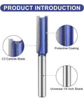 Heavy Duty Double Flute Straight Router Bit Set With 1/4 Inch Shank Carbide Tips For Smooth Grooves And Hollows Plus Flush Trim Kit showing C3 carbide blade and protective coating.