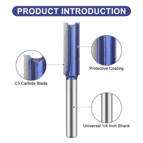 Heavy Duty Double Flute Straight Router Bit Set With 1/4 Inch Shank Carbide Tips For Smooth Grooves And Hollows Plus Flush Trim Kit showing C3 carbide blade and protective coating.