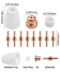 Premium 46-Piece Plasma Cutter Consumables Kit For Cut40 Plus Cut50 And 40D Machines including shielded cup, gas ring, tip, and electrode.