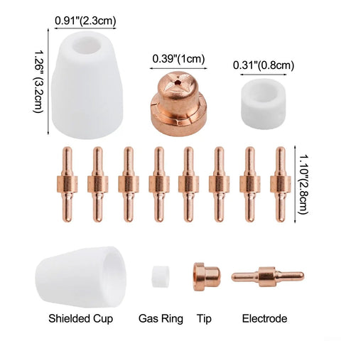 Premium 46-Piece Plasma Cutter Consumables Kit For Cut40 Plus Cut50 And 40D Machines including shielded cup, gas ring, tip, and electrode.