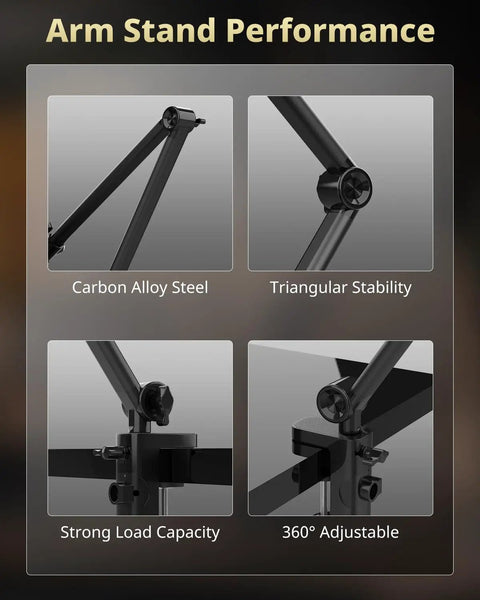 Arm stand features of 10 Inch Key Light For Streaming With Adjustable Desk Arm, showing carbon alloy steel and 360° adjustment.