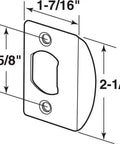 Latch Strike Plate Satin Nickel Finish Two Pack Heavy Duty Stamped Steel With Rounded Corners For Door Latch Hardware Standard Size 1 7 16 Inch Wide By 2 1 4 Inch Tall Mounting Holes Centered 1 5 8 Inch dimensions diagram