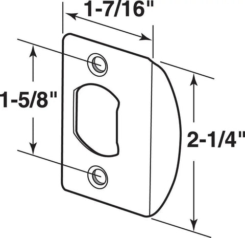 Latch Strike Plate Satin Nickel Finish Two Pack Heavy Duty Stamped Steel With Rounded Corners For Door Latch Hardware Standard Size 1 7 16 Inch Wide By 2 1 4 Inch Tall Mounting Holes Centered 1 5 8 Inch dimensions diagram