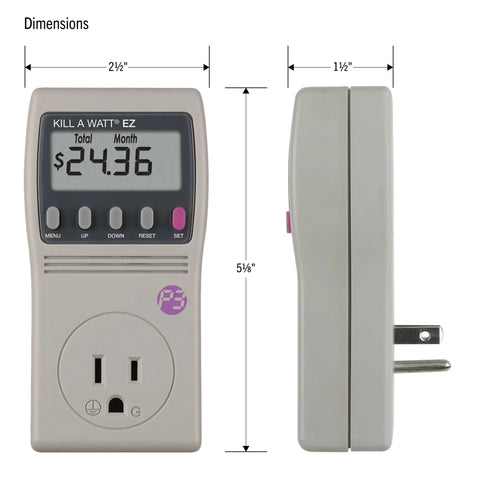 Kill A Watt EZ Electricity Usage Monitor for Home Energy Savings, LCD Display, Dimensions Shown, Gray, Real Time Cost Forecasts