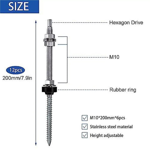 Eight Pack Hanger Bolts M10 X 200mm Hella Sturdy Stainless Steel Solar PV Roof Mounting Hardware showing size and features.