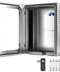 Rock Solid Outdoor EV Charger Lock Box Featuring Hella Reliable Tempered Glass Viewport Universal Wall Mount Enclosure open view stainless steel interior