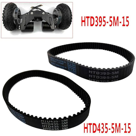 Durable 15mm HTD5M timing belt for electric skateboard conversions, rubber construction shown with skateboard drivetrain.