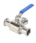Angled front view of stainless steel 1-1/2 in tri-clamp sanitary ball valve with blue lever, 3-way T-port.